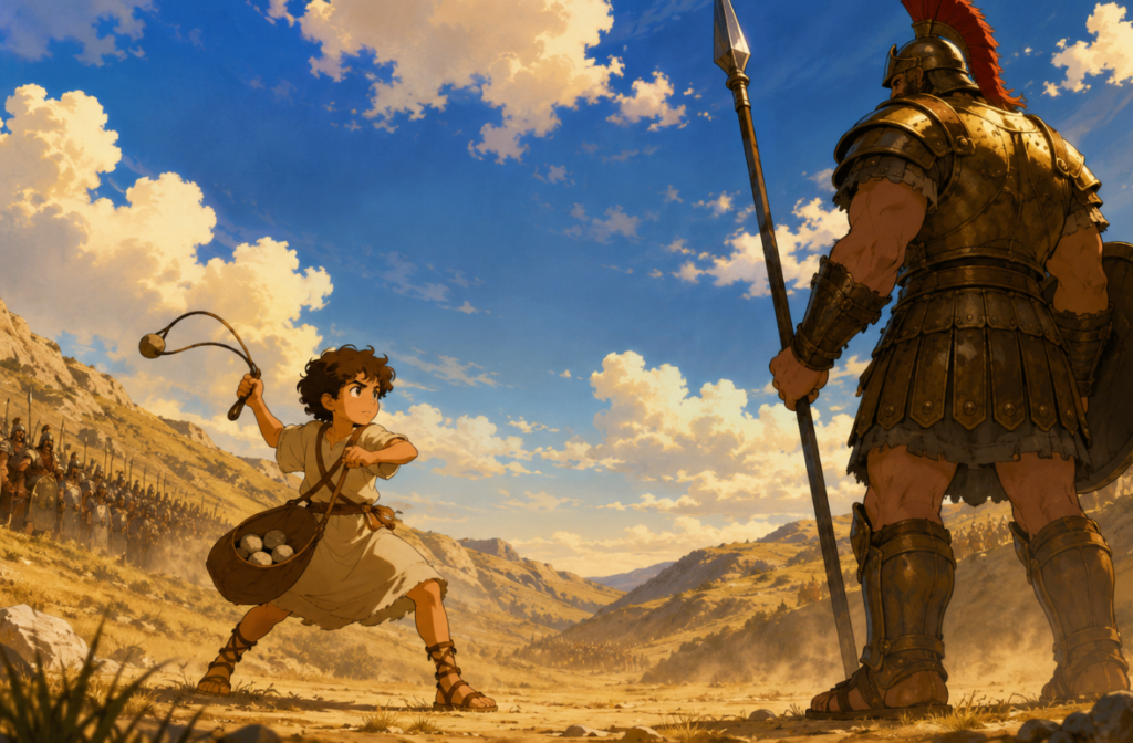 Ilustração infantil em estilo anime mostrando Davi, um jovem pastor de cabelos castanhos encaracolados e túnica simples, girando seu estilingue com expressão determinada. À sua frente, o gigante Golias aparece imenso e armado, enquanto os exércitos observam das colinas sob a luz dourada do fim da tarde.
