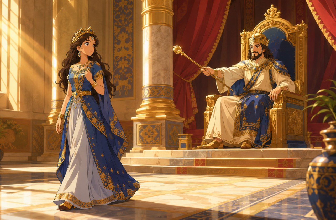 Rainha Ester caminhando até o trono enquanto o rei estende o cetro dourado no salão de um palácio persa, ilustração estilo anime para a história bíblica infantil da rainha Ester para crianças.