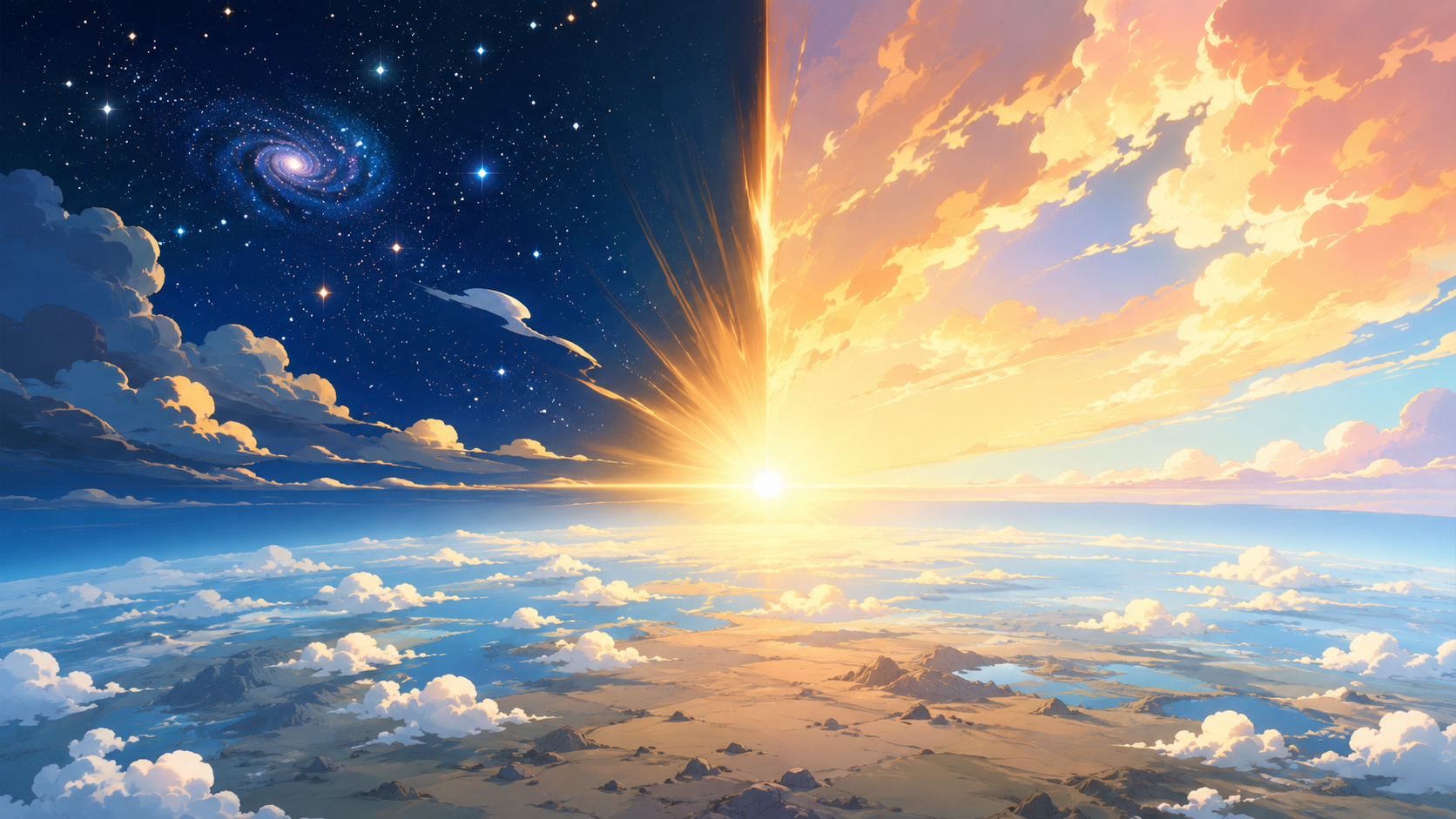 A luz da criação surgindo da escuridão, com o céu azul se formando sobre a terra, ilustração estilo anime para a história bíblica infantil da criação do mundo por Deus.