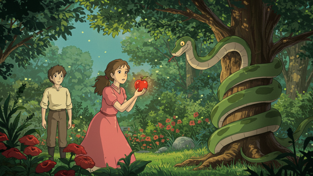 Ilustração mostrando um jardim mágico com flores vibrantes e árvores altas. Uma mulher segura uma maçã vermelha brilhante, com expressão de dúvida, enquanto uma serpente se enrola na árvore. Um homem a observa com incerteza. A cena transmite uma atmosfera serena e encantada.