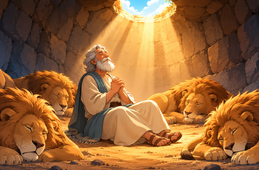 Daniel sentado com serenidade no fundo da cova, cercado por leões deitados e calmos sob um raio de luz dourada, ilustração estilo anime para a história bíblica infantil de Daniel na cova dos leões.