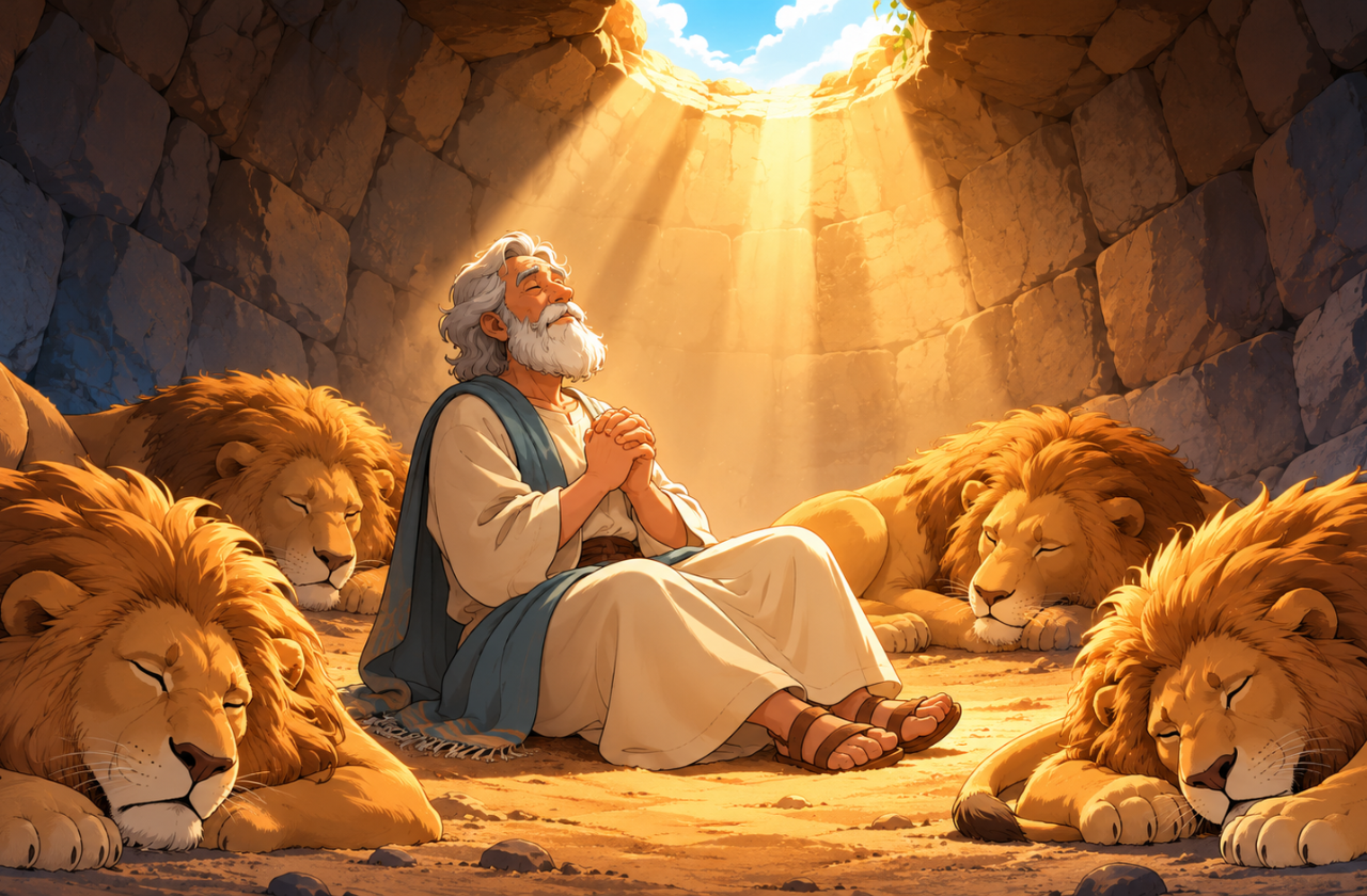 Daniel sentado com serenidade no fundo da cova, cercado por leões deitados e calmos sob um raio de luz dourada, ilustração estilo anime para a história bíblica infantil de Daniel na cova dos leões.