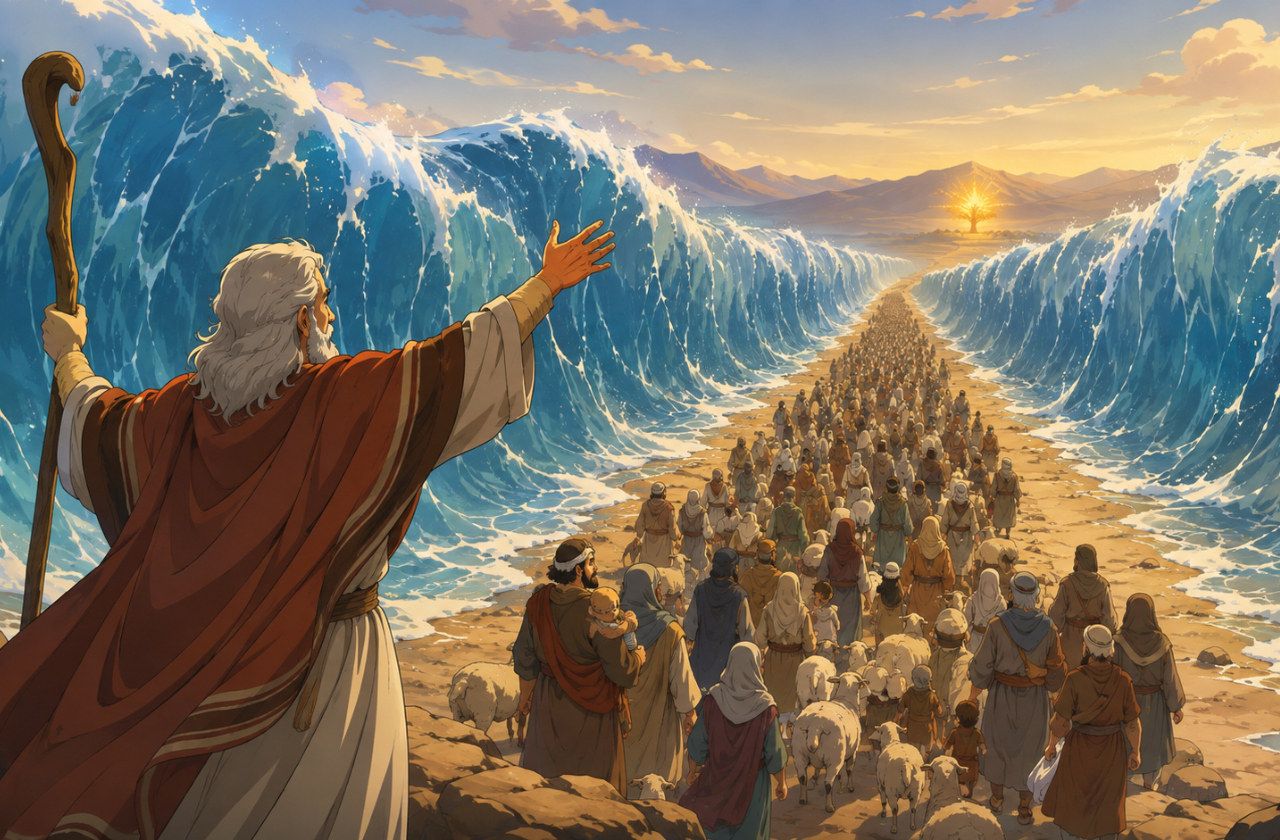 Moisés ergue o braço diante do Mar Vermelho aberto em duas imensas paredes de água, formando um caminho de terra seca por onde uma multidão de hebreus atravessa com crianças e ovelhas. Ao fundo, um brilho dourado remete à sarça ardente. Ilustração em estilo anime, com tons de azul-petróleo e dourado, transmitindo esperança, libertação e proteção.