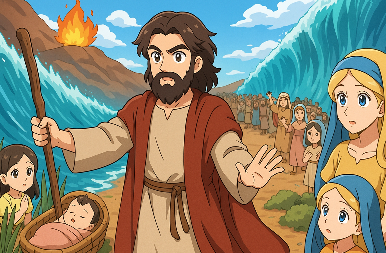 Ilustração em estilo anime de Moisés abrindo o Mar Vermelho, com uma multidão de hebreus ao fundo, um bebê em um cesto na frente e uma sarça ardente ao longe.