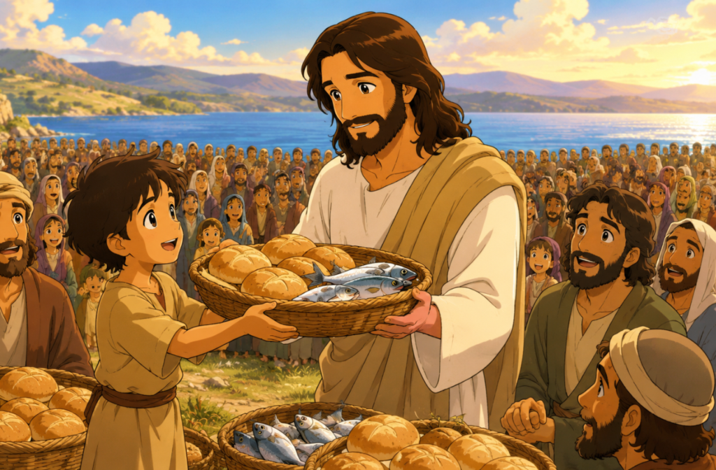 Ilustração em estilo anime de Jesus multiplicando pães e peixes para alimentar uma multidão perto de um lago, com um menino entregando seu lanche.