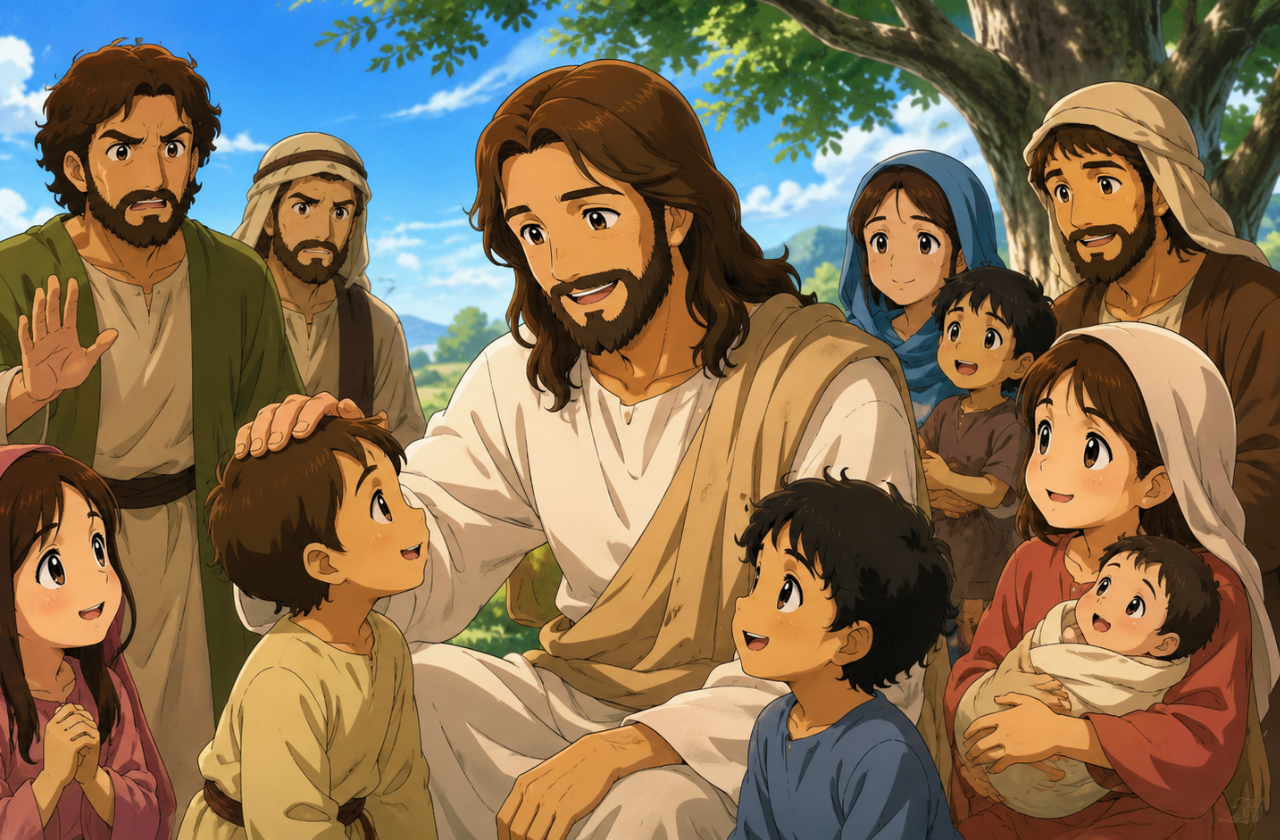 Ilustração em estilo anime de Jesus cercado por crianças e famílias, abençoando os pequenos debaixo de uma árvore em um dia ensolarado.