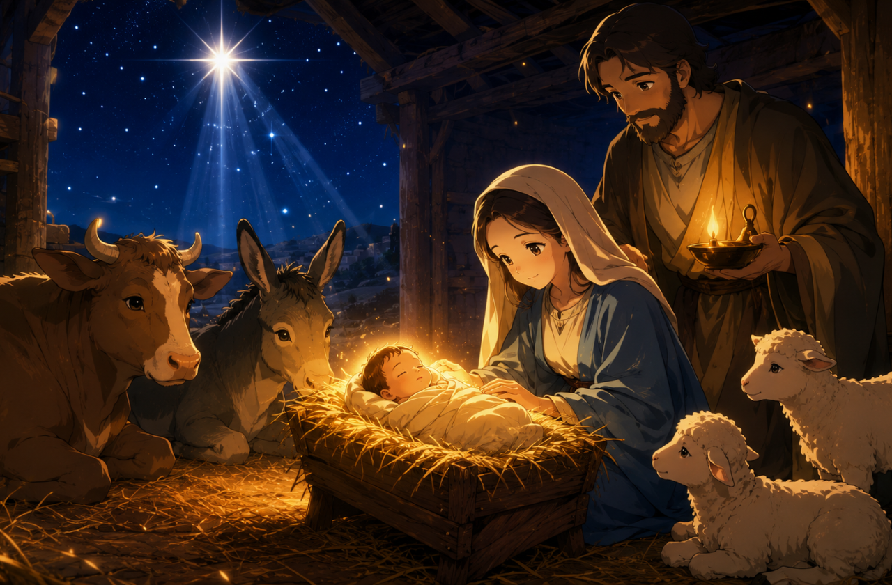 Ilustração da história do nascimento de Jesus, com Maria, José e o bebê na manjedoura enquanto pastores observam sob a luz da estrela de Belém