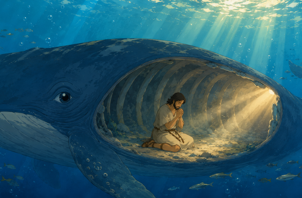 Ilustração infantil em estilo anime mostrando Jonas sentado dentro da barriga de uma baleia azul gigante e gentil, de mãos unidas em oração e expressão de arrependimento sereno. Raios de luz dourada entram pela boca entreaberta da baleia, iluminando a caverna de costelas, enquanto o mar azul-petróleo e pequenos peixes aparecem ao redor.